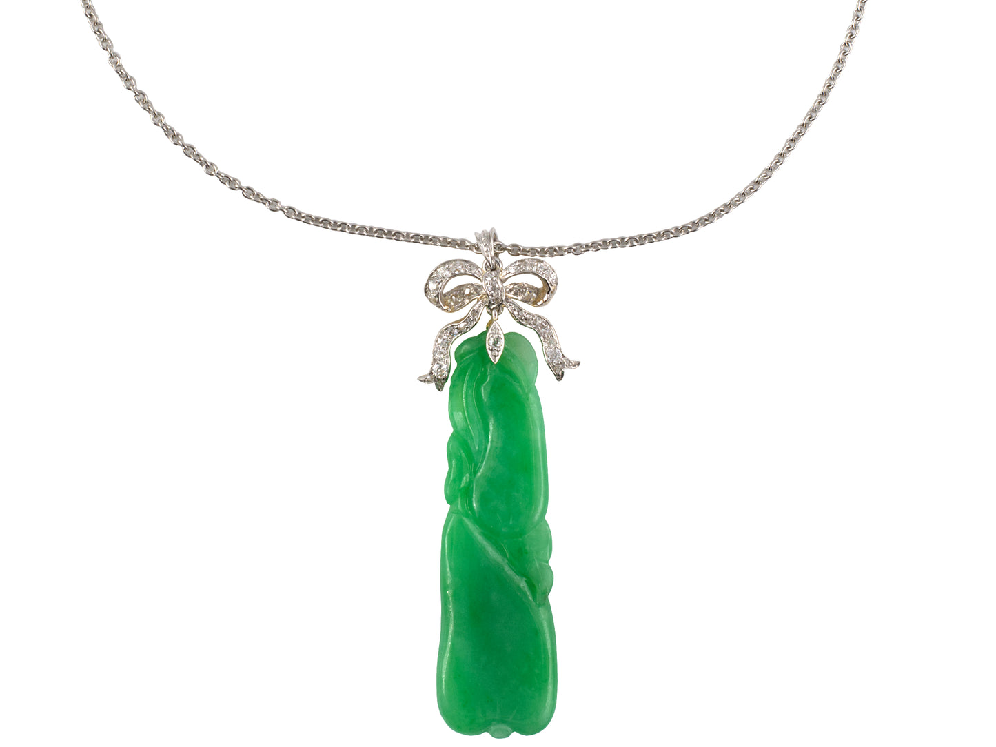 45455 - SOLD - Circa 1890 Victorian Platinum Gold GIA Jadeite Diamond Bow Pendant Necklace