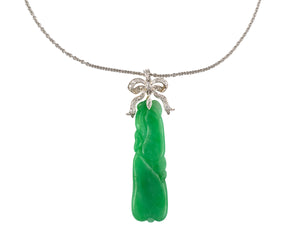 45455 - Circa 1890 Victorian Platinum Gold GIA Jadeite Diamond Bow Pendant Necklace