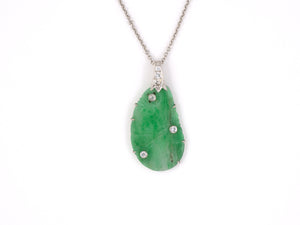 45458 - Platinum Diamond Carved Tear Drop Jadeite With Diamond Stud Pendant Necklace