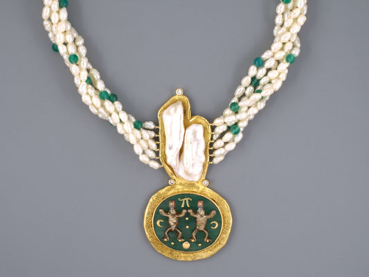 45460 - Patricia Fruttauro Gold Silver Diamond Pearl Green Onyx  Necklace