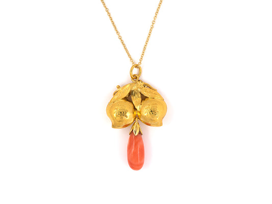 45461 - 23K Gold Floral Leaves Chinese Tear Drop Coral Pendant Necklace