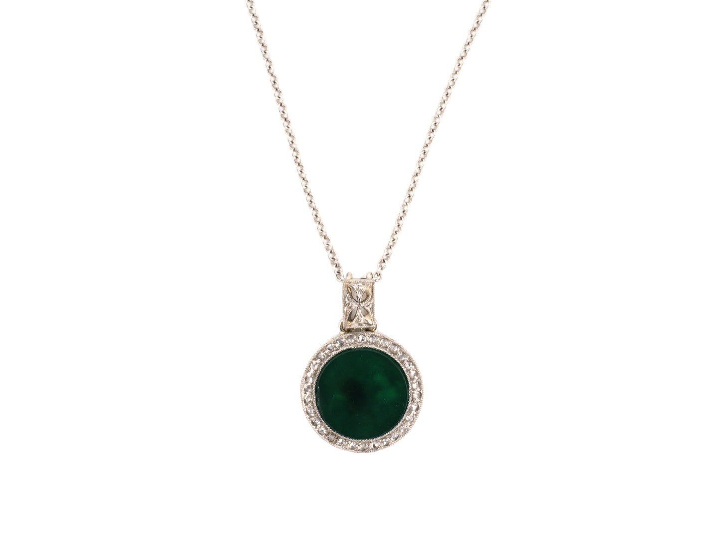 45464 - Platinum Diamond Green Onyx Round Cluster Filigree Bail Drop Pendant Necklace 18" Cable Chain
