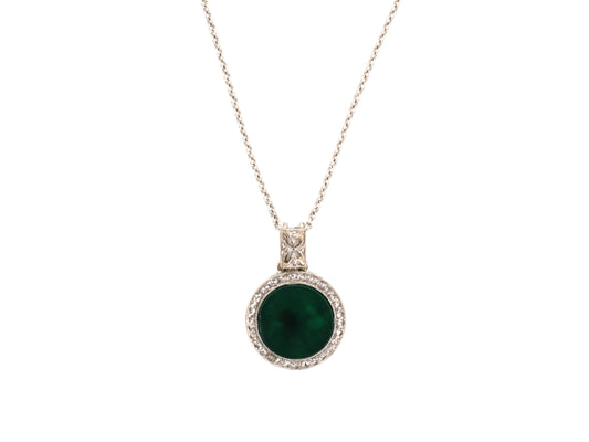 45464 - Platinum Diamond Green Onyx Round Cluster Filigree Bail Drop Pendant Necklace 18" Cable Chain