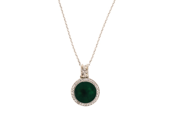 45464 - Platinum Diamond Green Onyx Round Cluster Filigree Bail Drop Pendant Necklace 18