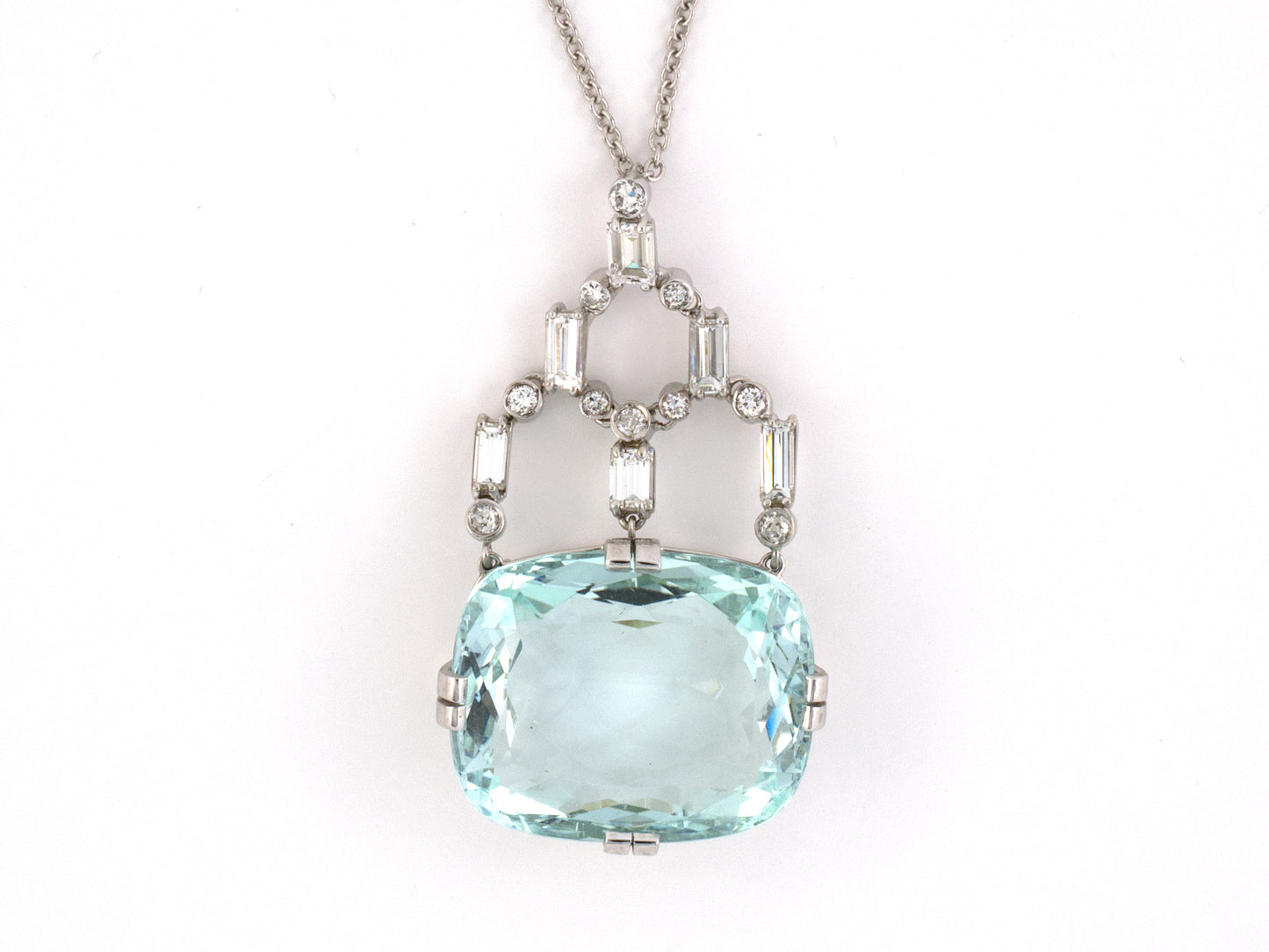 45467 - SOLD - Art Deco Platinum Diamond Aqua Pendant Necklace