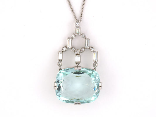 45467 - SOLD - Art Deco Platinum Diamond Aqua Pendant Necklace