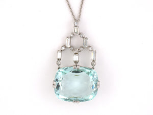 45467 - Art Deco Platinum Diamond Aqua Pendant Necklace