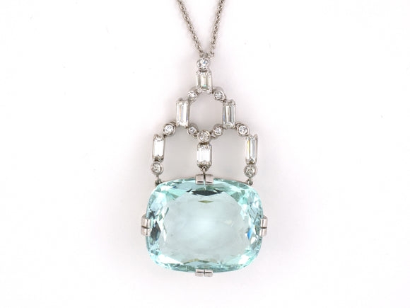 45467 - Art Deco Platinum Diamond Aqua Pendant Necklace