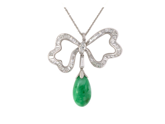 45471 - Circa 1950 Platinum Diamond Jadeite Ribbon Pendant Necklace