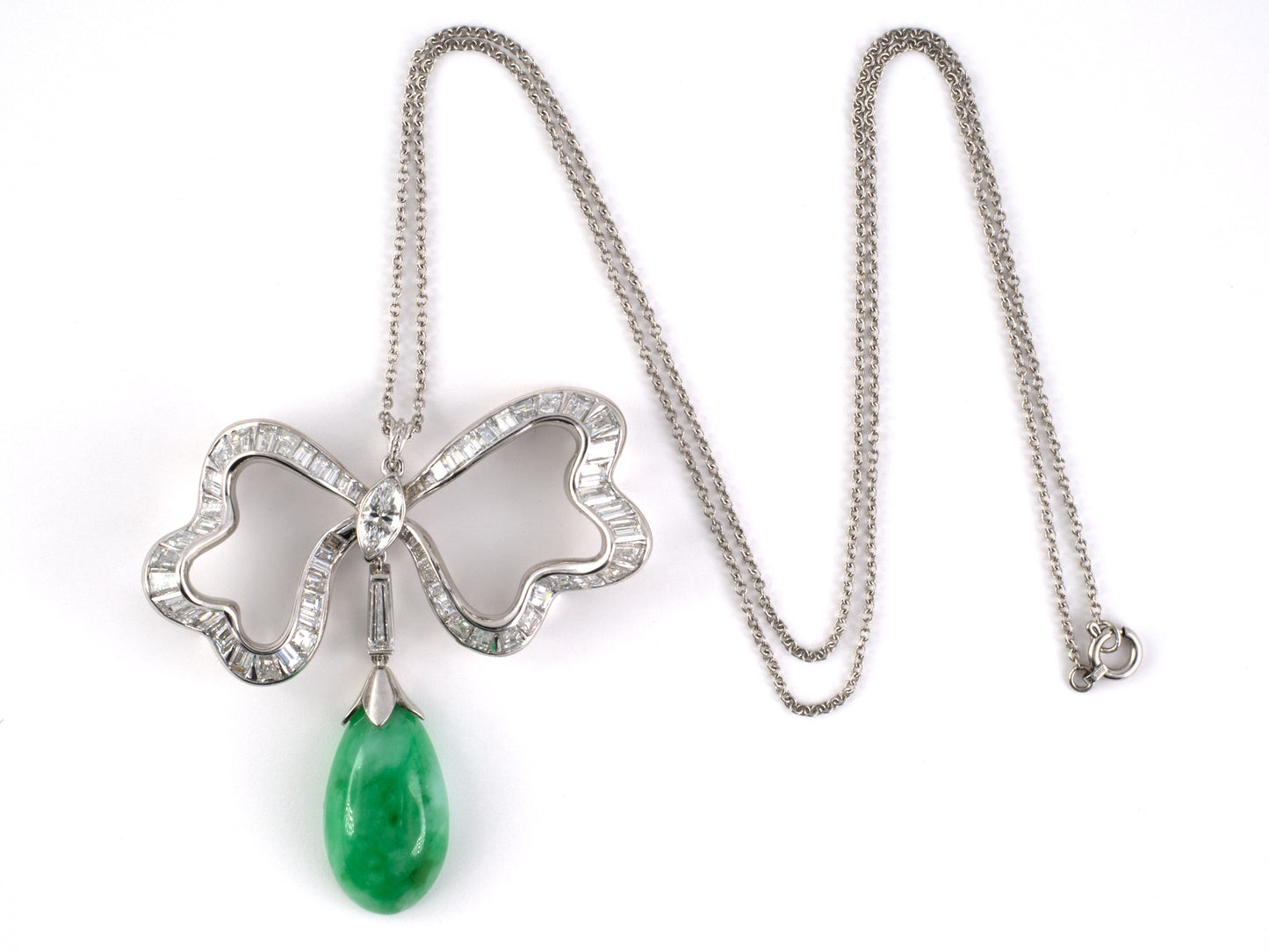 45471 - Circa 1950 Platinum Diamond Jadeite Ribbon Pendant Necklace