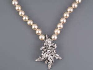 45472 - SOLD - Platinum Akoya Pearl Diamond Spray Drop Necklace