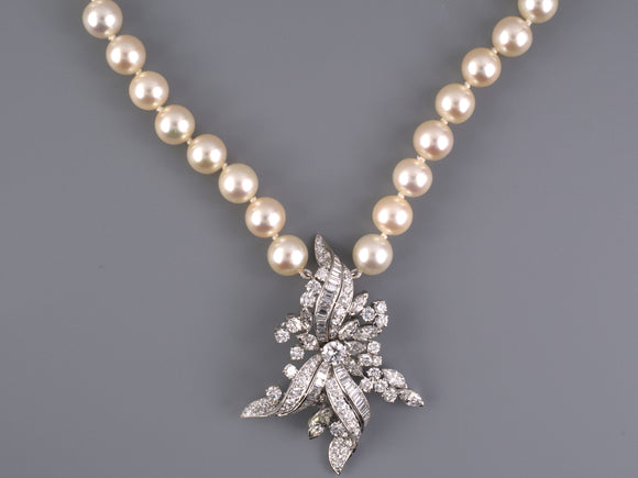 45472 - Platinum Akoya Pearl Diamond Spray Drop Necklace