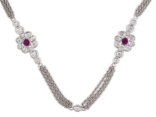 45478 - Gold Diamond Ruby Cluster 3 Strand Necklace