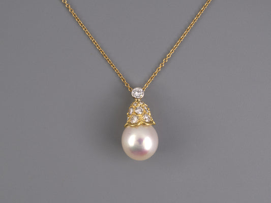 45485 - SOLD - Gold Pearl Diamond Pendant Necklace