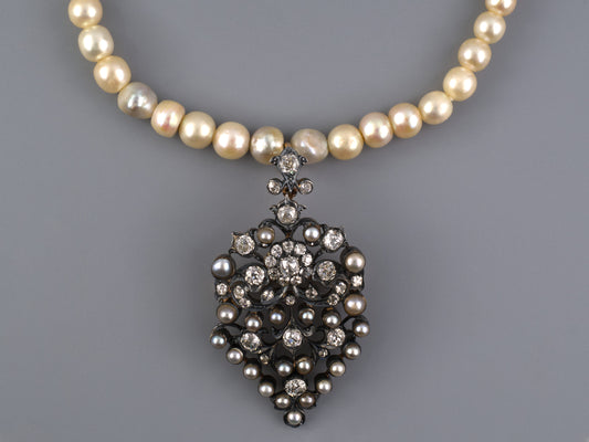 45496 - Victorian Circa 1850 Platinum Silver Gold Diamond GIA Natural Pearl Pendant Necklace