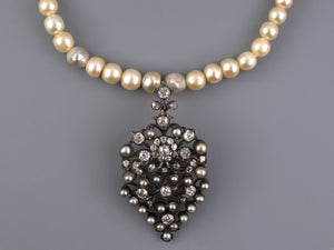 45496 - Victorian Circa 1850 Platinum Silver Gold Diamond GIA Natural Pearl Pendant Necklace