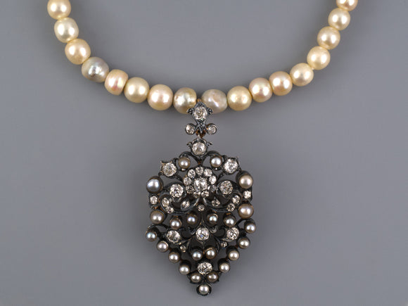 45496 - Victorian Circa 1850 Platinum Silver Gold Diamond GIA Natural Pearl Pendant Necklace