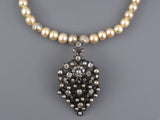 45496 - Victorian Circa 1850 Platinum Silver Gold Diamond GIA Natural Pearl Pendant Necklace