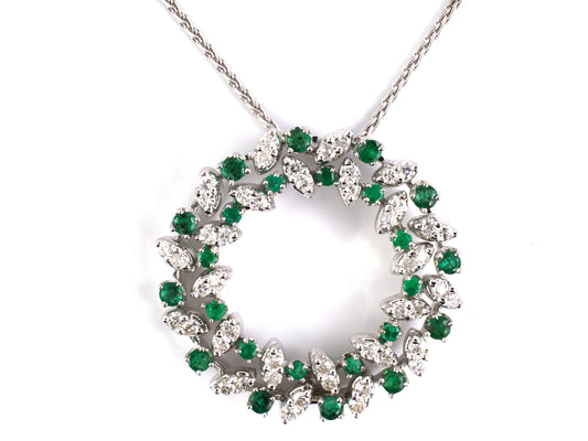 45507 - SOLD - Gold Diamond Emerald Floral Wreath Circle Pendant Necklace