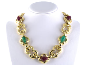 45508 - Circa 1970 Webb Gold Carved Emerald Ruby Link Necklace Bracelet Combo