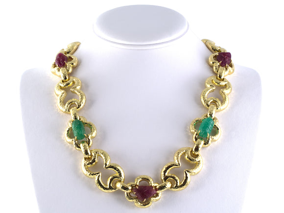 45508 - Circa 1970 Webb Gold Carved Emerald Ruby Link Necklace Bracelet Combo