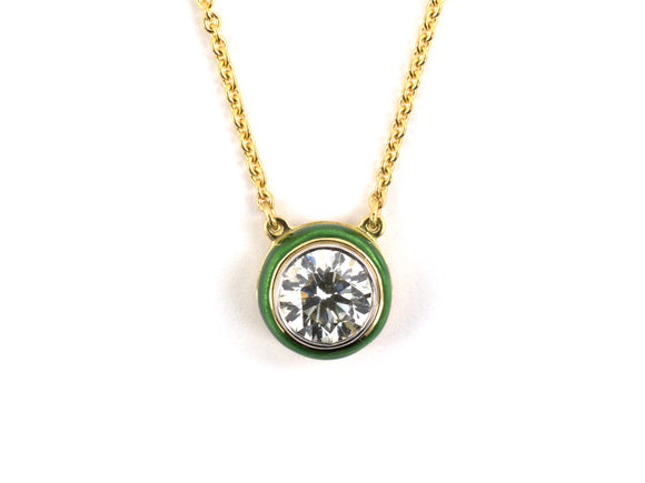 45516 - Gold Platinum Diamond Green Enamel Pendant Necklace