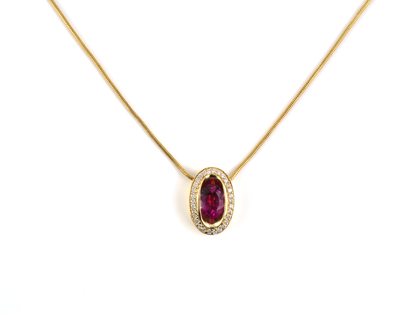 45525 - SOLD - Gold Pink Tourmaline Diamond Oval Pendant Necklace