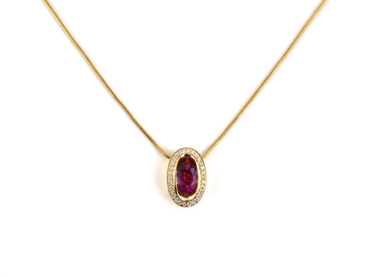 45525 - SOLD - Gold Pink Tourmaline Diamond Oval Pendant Necklace