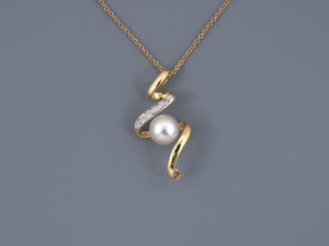 45528 - SOLD - Gold Diamond Pearl 2-Tone Spiral Pendant Necklace