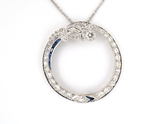 45535 - Art Deco Platinum Diamond Sapphire Circle Wreath Pendant Necklace