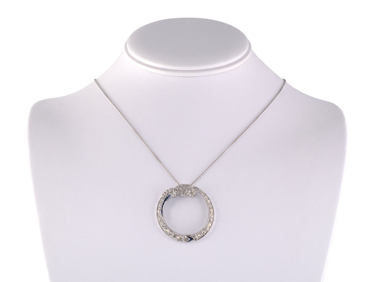 45535 - Art Deco Platinum Diamond Sapphire Circle Wreath Pendant Necklace