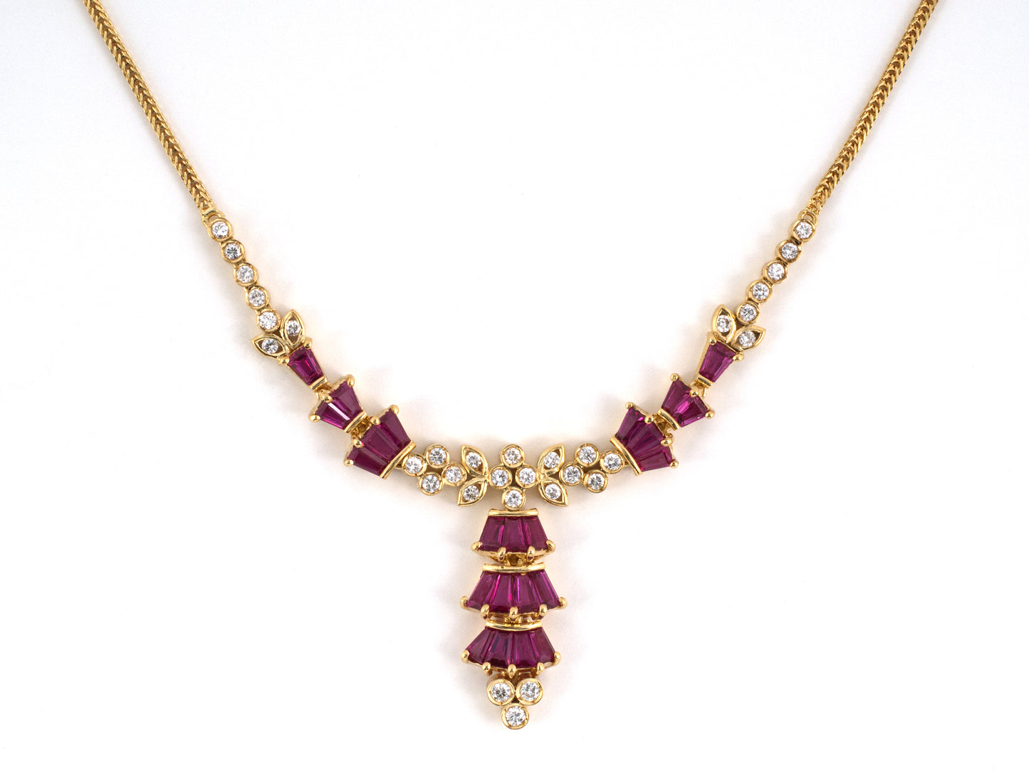 45536 - Gold Diamond Ruby Floral tiered Drop Pendant Necklace