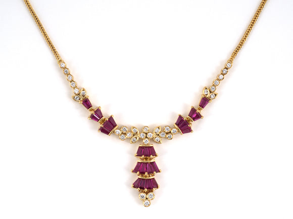 45536 - Gold Diamond Ruby Floral tiered Drop Pendant Necklace