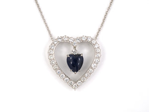 45539 - Circa 1950s Platinum Diamond Sapphire Heart Pendant Necklace