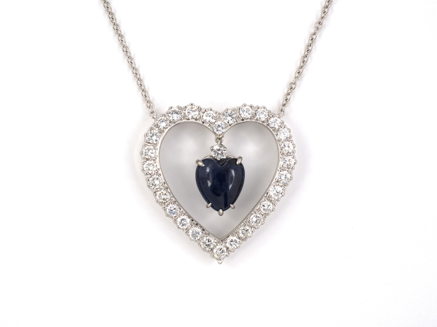 45539 - SOLD - Circa 1950s Platinum Diamond Sapphire Heart Pendant Necklace