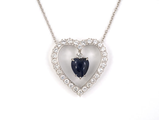 45539 - SOLD - Circa 1950s Platinum Diamond Sapphire Heart Pendant Necklace
