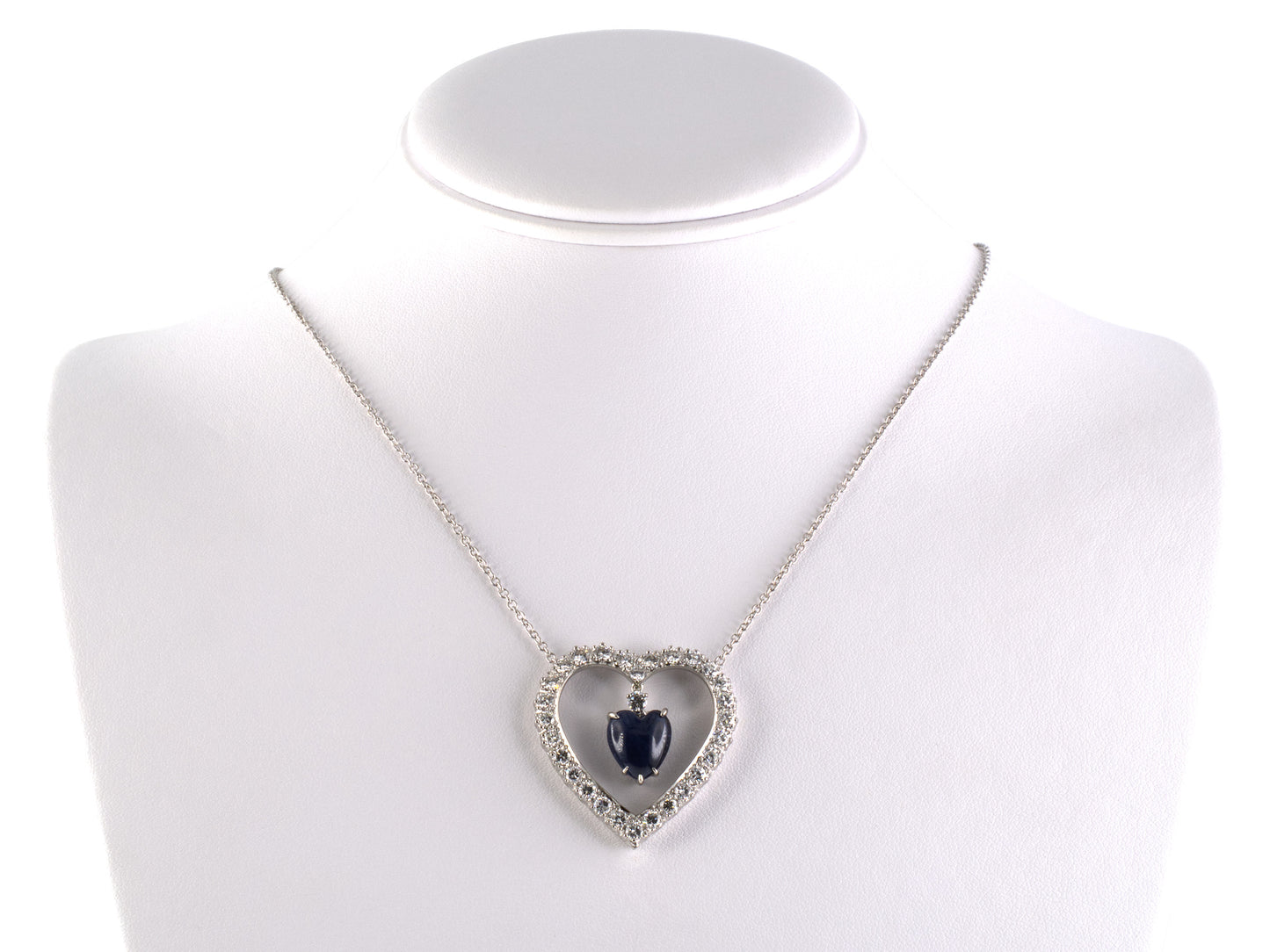 45539 - SOLD - Circa 1950s Platinum Diamond Sapphire Heart Pendant Necklace