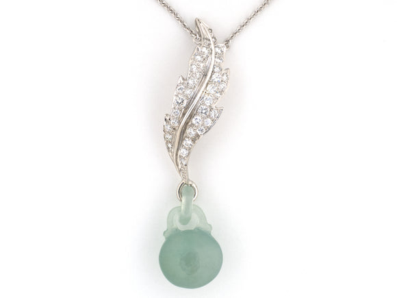 45541 - Platinum Diamond Elongated Curved Leaf Jadeite Ball Dumbbell Gourd Drop Pendant Necklace