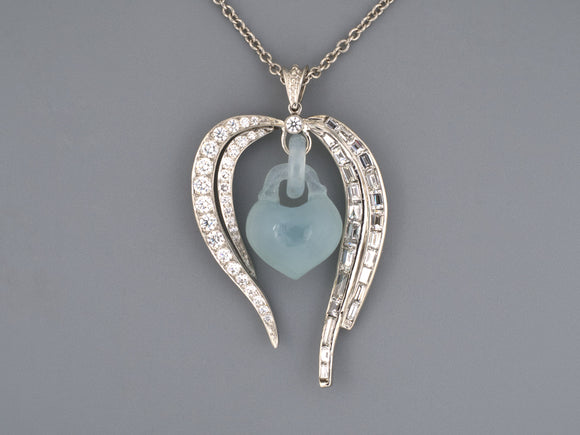 45542 - Platinum Diamond Jadeite Bleeding Heart Drop Pendant Necklace