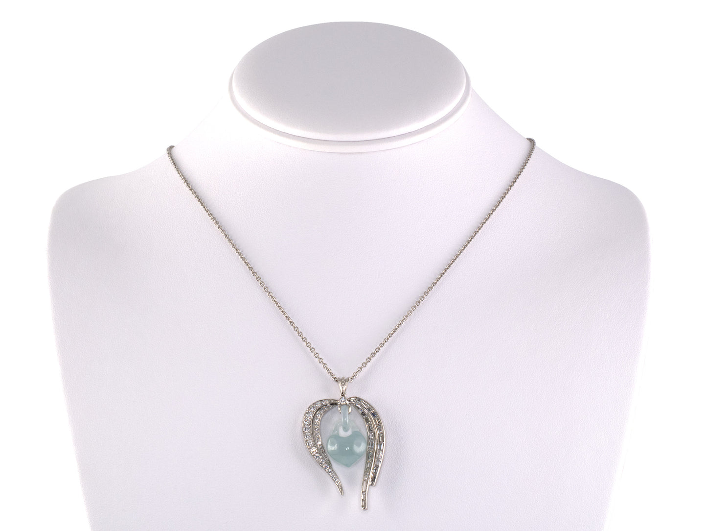 45542 - Platinum Diamond Jadeite Bleeding Heart Drop Pendant Necklace
