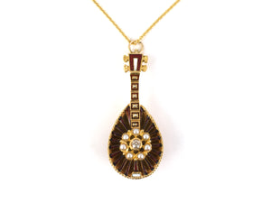 45546 - Victorian Gold Diamond Pearl Enamel Mandolin Pendant Necklace