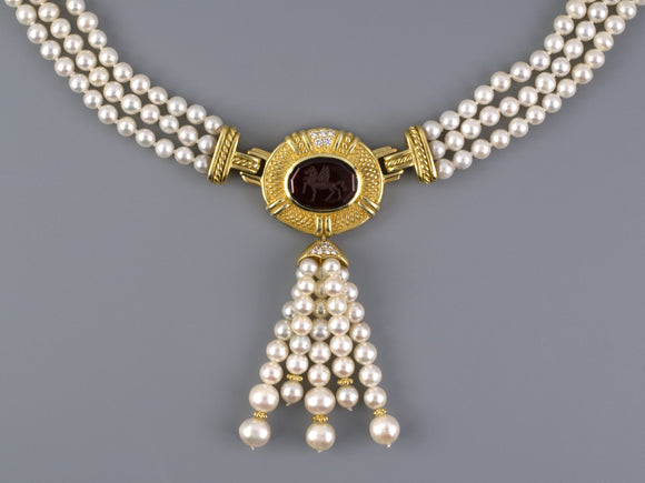 45550 - Judith Ripka Circa 1999 Gold Diamond Garnet Intaglio Pearl Necklace