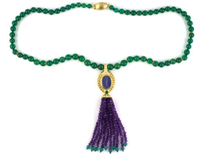 45551 - Judith Ripka Circa 1994 Gold Diamond Emerald Crystal Intaglio Green Onyx Bead Necklace w/ Amethyst Tassels