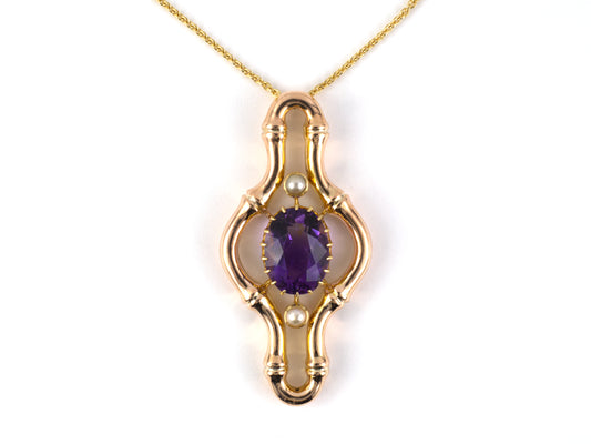 45555 - Victorian Gold Amethyst Pearl Hollow Pendant Necklace
