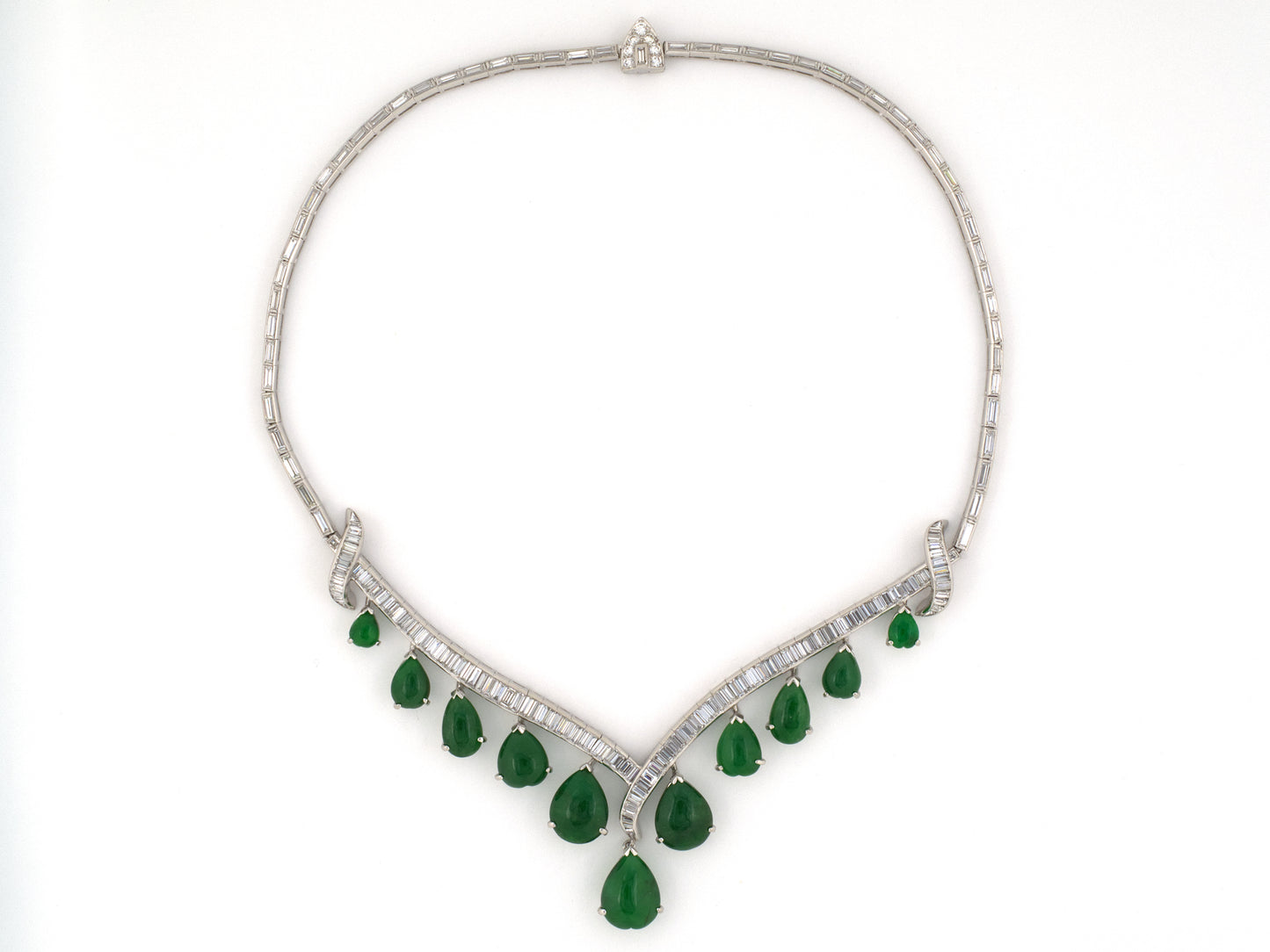 45556 - Circa 1950s  Platinum Diamond Jadeite Tapered "V" Festoon Necklace