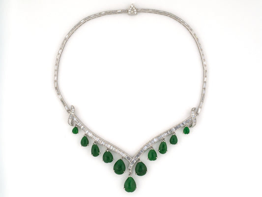 45556 - Circa 1950s  Platinum Diamond Jadeite Tapered "V" Festoon Necklace