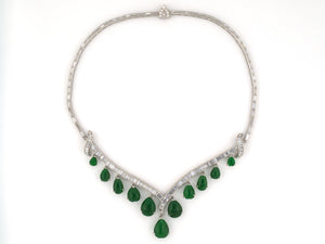 45556 - Platinum Diamond Jadeite Tapered "V" Festoon Necklace