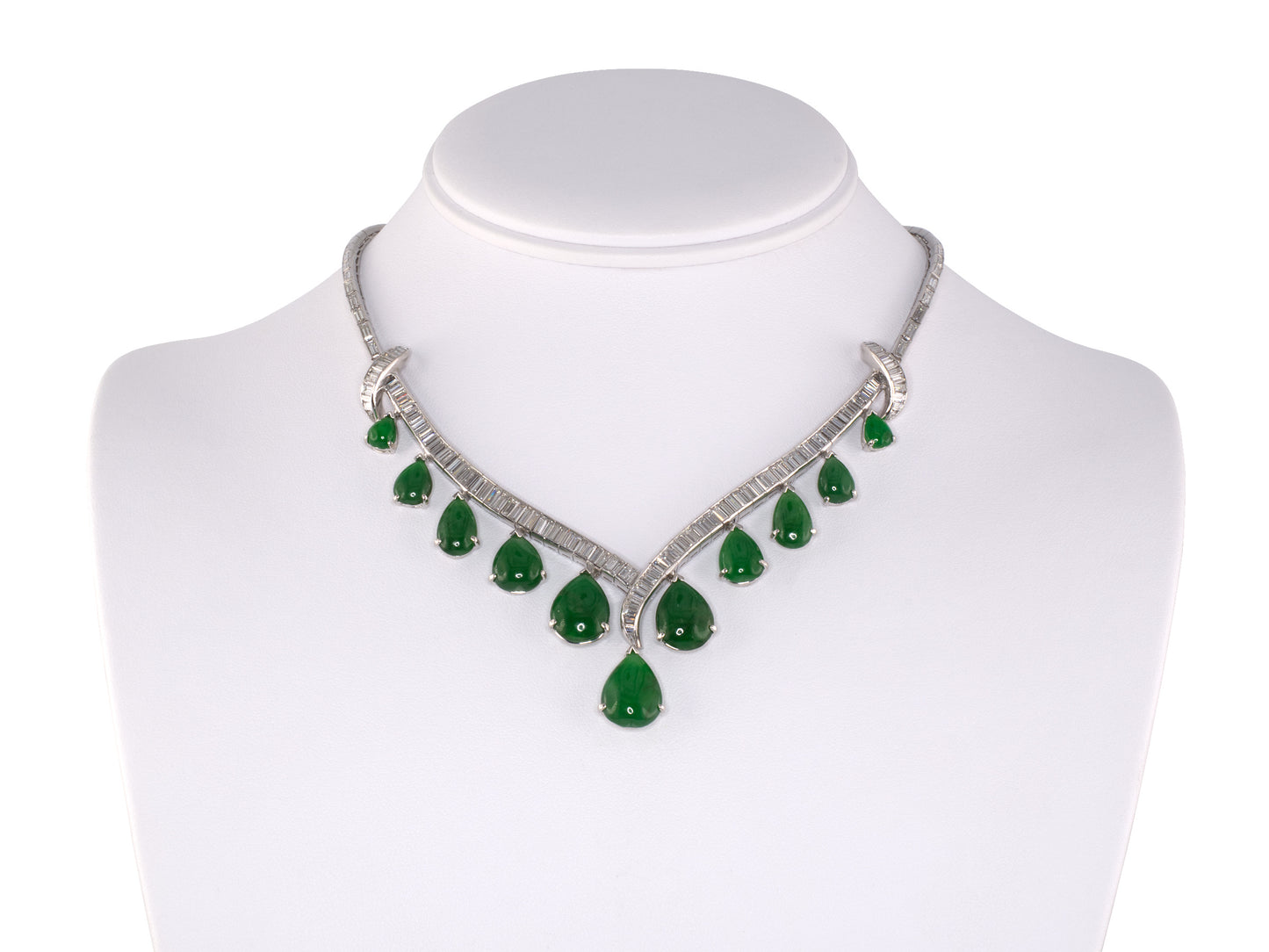 45556 - Circa 1950s  Platinum Diamond Jadeite Tapered "V" Festoon Necklace
