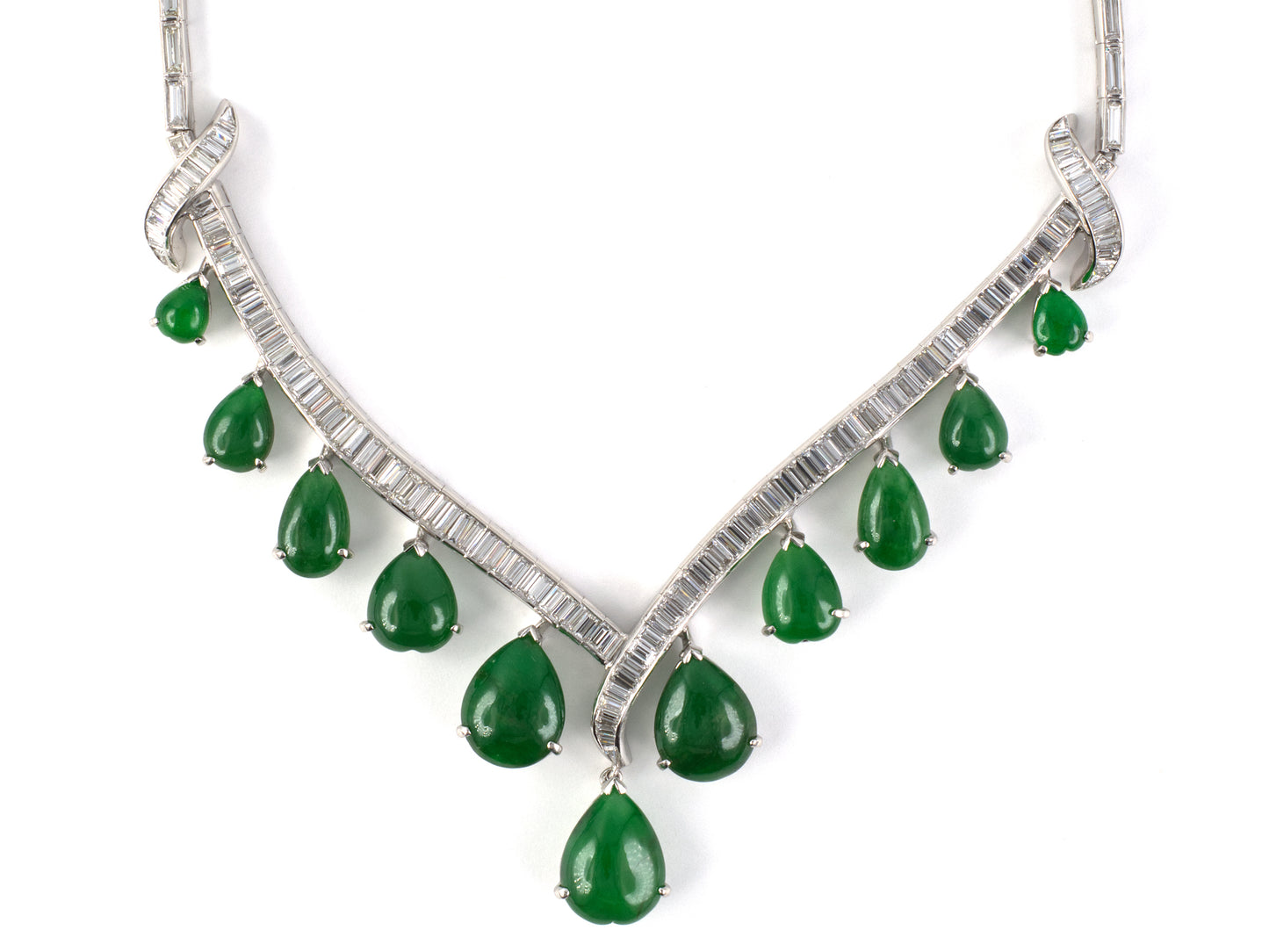 45556 - Circa 1950s  Platinum Diamond Jadeite Tapered "V" Festoon Necklace
