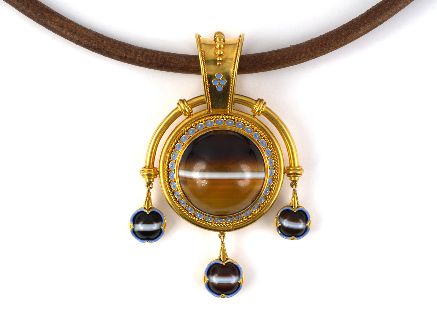 45567 - Victorian Circa 1870 E. W. Streeter Gold Agate Blue Enamel Drop Dangle Locket Pendant Necklace